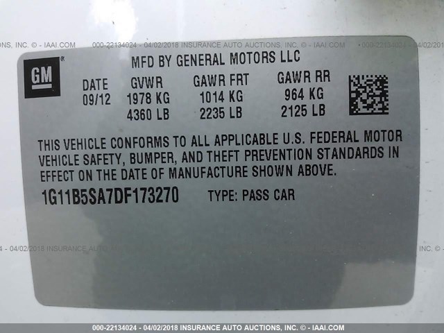 1G11B5SA7DF173270 - 2013 CHEVROLET MALIBU LS 白色 照片 9