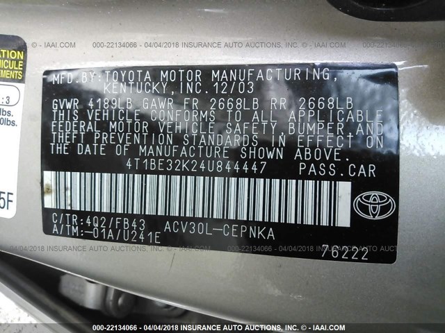 4T1BE32K24U844447 - 2004 TOYOTA CAMRY LE/XLE/SE 金色 照片 9