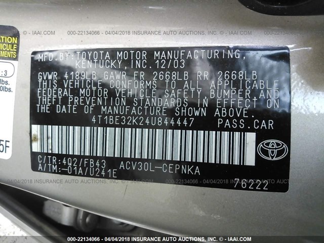 4T1BE32K24U844447 - 2004 TOYOTA CAMRY LE/XLE/SE GOLD photo 9