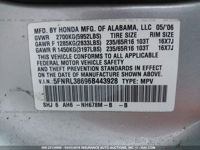 5FNRL38696B443928 - 2006 HONDA ODYSSEY EXL SILVER photo 9