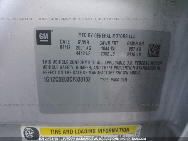 1G1ZC5E03CF338152 - 2012 CHEVROLET MALIBU 1LT SILVER photo 9