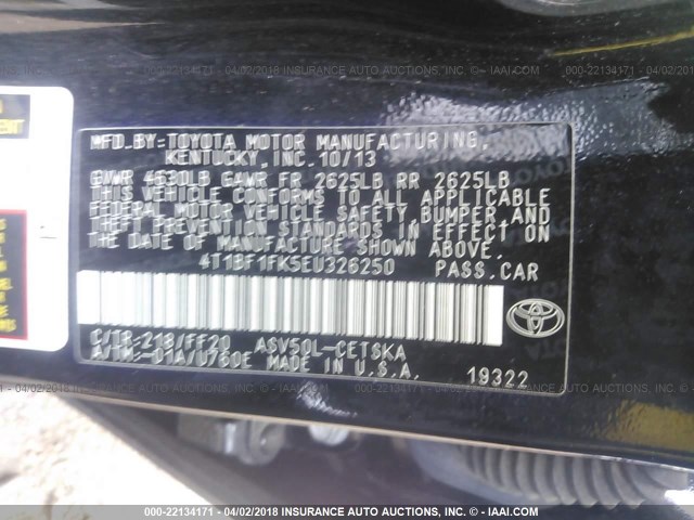 4T1BF1FK5EU326250 - 2014 TOYOTA CAMRY L/SE/LE/XLE 黑色 照片 9