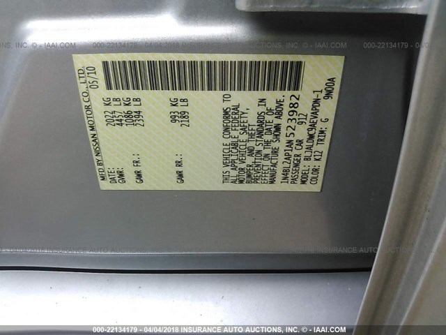 1N4BL2AP1AN523982 - 2010 NISSAN ALTIMA SR SILVER photo 9