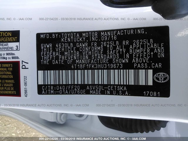 4T1BF1FK3HU319673 - 2017 TOYOTA CAMRY LE/XLE/SE/XSE 白色 照片 9