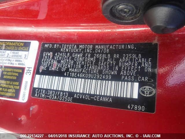 4T1BE46K09U292499 - 2009 TOYOTA CAMRY SE/LE/XLE 红色 照片 9