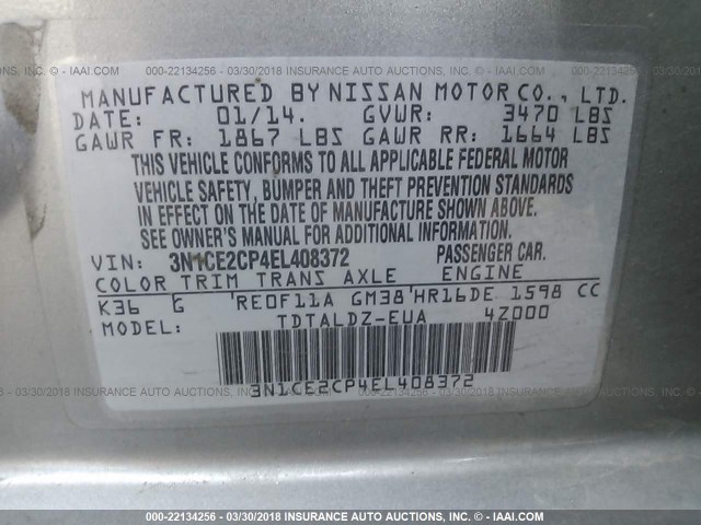 3N1CE2CP4EL408372 - 2014 NISSAN VERSA NOTE S/S PLUS/SV/SL SILVER photo 9