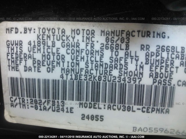 4T1BE32K03U234397 - 2003 TOYOTA CAMRY LE/XLE/SE BLACK photo 9