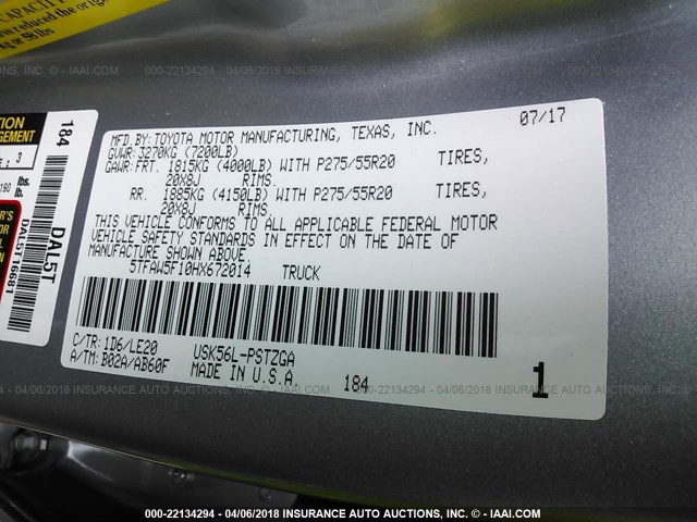 5TFAW5F10HX672014 - 2017 TOYOTA TUNDRA CREWMAX 1794/PLATINUM 银色 照片 9