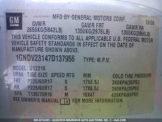 1GNDV23147D137956 - 2007 CHEVROLET UPLANDER LS Light Blue photo 9