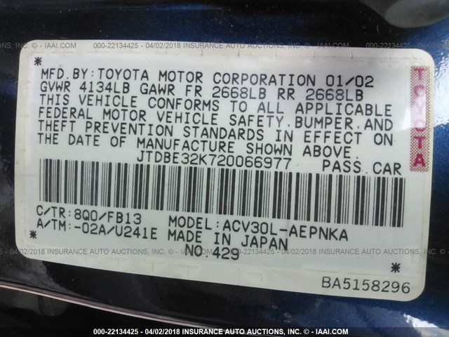 JTDBE32K720066977 - 2002 TOYOTA CAMRY LE/XLE/SE BLUE photo 9