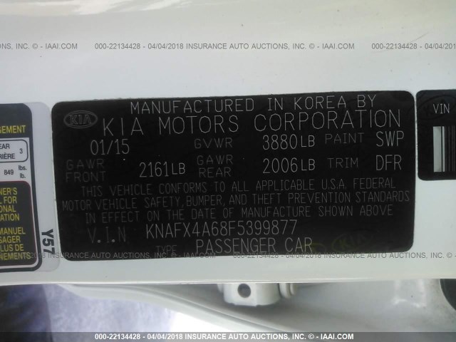 KNAFX4A68F5399877 - 2015 KIA FORTE LX WHITE photo 9