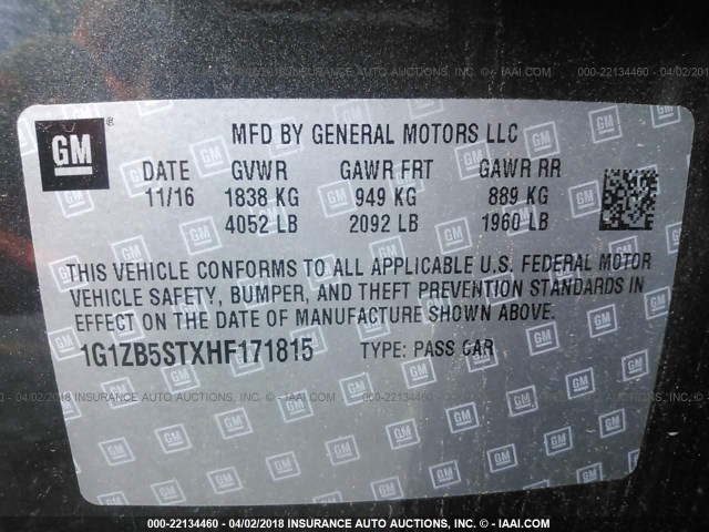 1G1ZB5STXHF171815 - 2017 CHEVROLET MALIBU LS ნაცრისფერი ფოტო 9