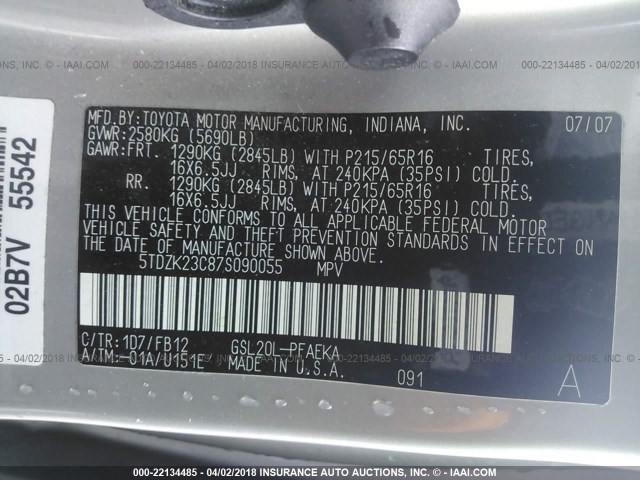 5TDZK23C87S090055 - 2007 TOYOTA SIENNA CE/LE SILVER photo 9