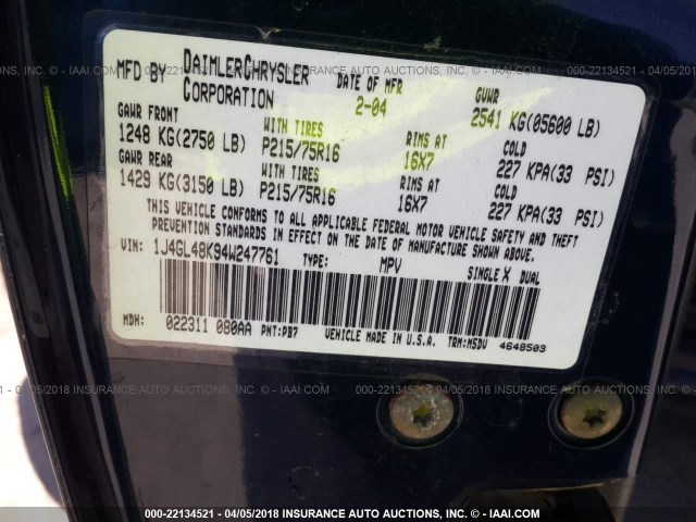 1J4GL48K94W247761 - 2004 JEEP LIBERTY SPORT 蓝色 照片 9