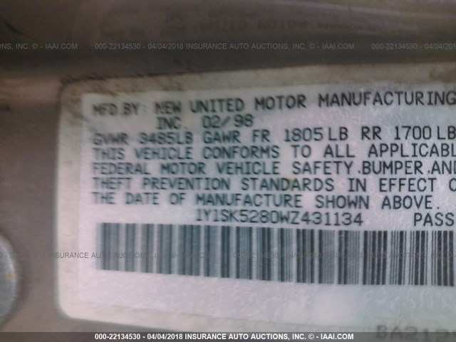 1Y1SK5280WZ431134 - 1998 CHEVROLET GEO PRIZM LSI TAN photo 9