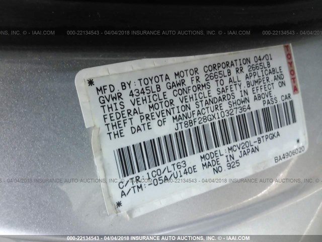 JT8BF28GX10327364 - 2001 LEXUS ES 300 GRAY photo 9