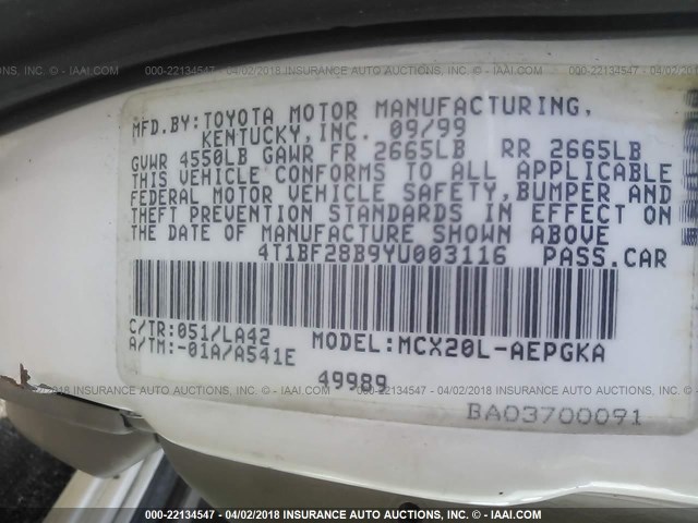 4T1BF28B9YU003116 - 2000 TOYOTA AVALON XL/XLS WHITE photo 9