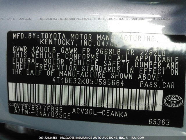 4T1BE32K05U595664 - 2005 TOYOTA CAMRY LE/XLE/SE BLUE photo 9
