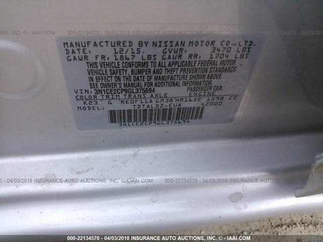 3N1CE2CP9GL375694 - 2016 NISSAN VERSA NOTE S/S PLUS/SV/SL/SR SILVER photo 9