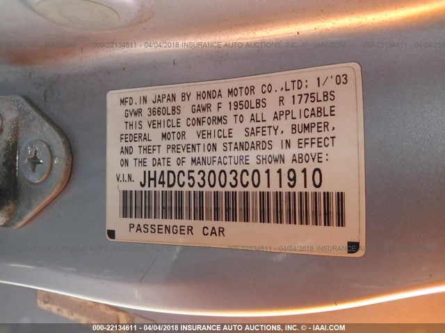 JH4DC53003C011910 - 2003 ACURA RSX TYPE-S SILVER photo 9