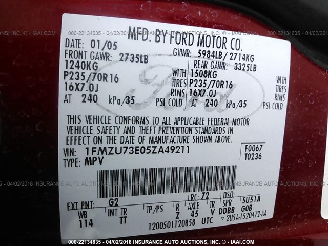 1FMZU73E05ZA49211 - 2005 FORD EXPLORER XLT/XLT SPORT/NBX RED photo 9