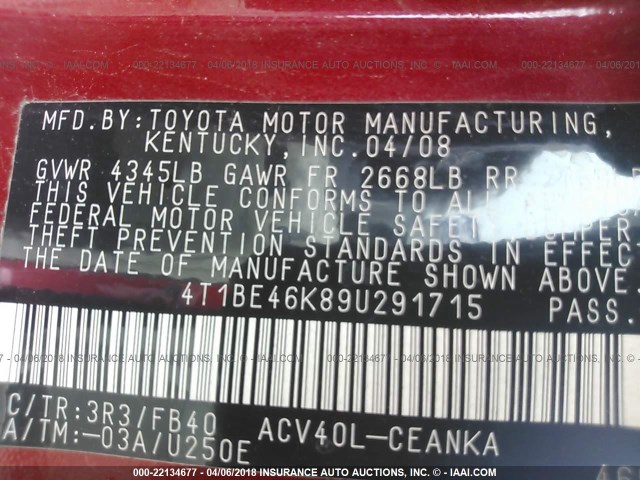 4T1BE46K89U291715 - 2009 TOYOTA CAMRY SE/LE/XLE 栗色 照片 9