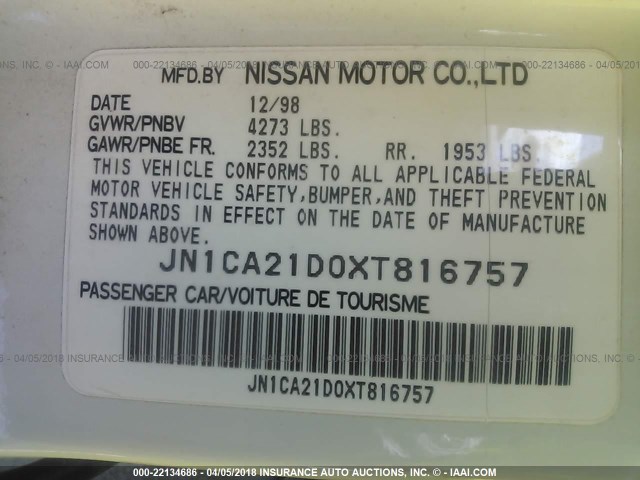 JN1CA21D0XT816757 - 1999 NISSAN MAXIMA GLE/GXE/SE WHITE photo 9