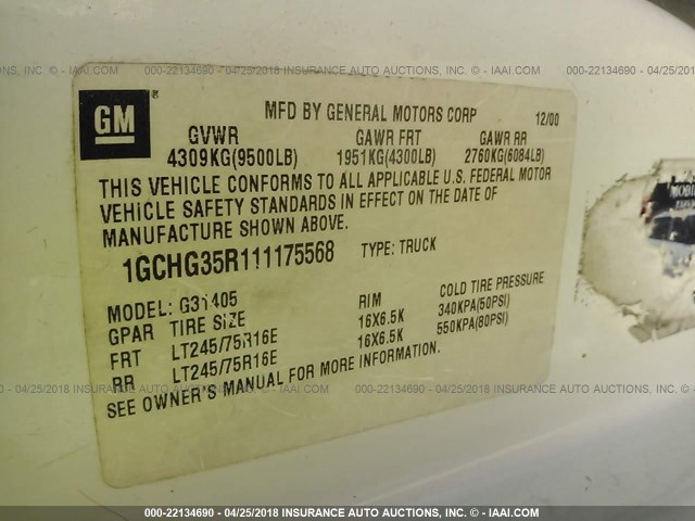 1GCHG35R111175568 - 2001 CHEVROLET EXPRESS G3500  WHITE photo 9