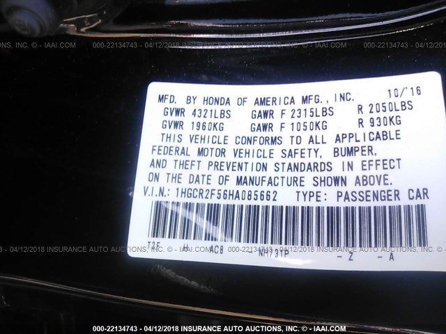 1HGCR2F56HA085662 - 2017 HONDA ACCORD SPORT შავი ფოტო 9