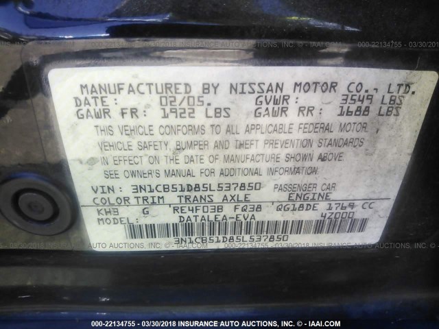 3N1CB51D85L537850 - 2005 NISSAN SENTRA 1.8/1.8S BLACK photo 9