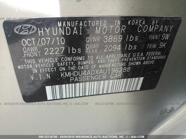 KMHDU4ADXAU196288 - 2010 HYUNDAI ELANTRA BLUE/GLS/SE GOLD photo 9