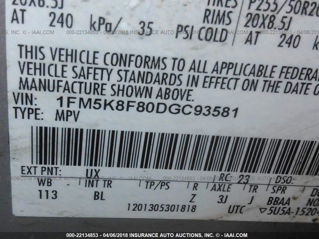 1FM5K8F80DGC93581 - 2013 FORD EXPLORER LIMITED ვერცხლისფერი ფოტო 9