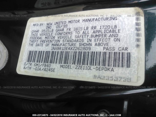 1NXBR12E4XZ262809 - 1999 TOYOTA COROLLA VE/CE/LE 绿色 照片 9