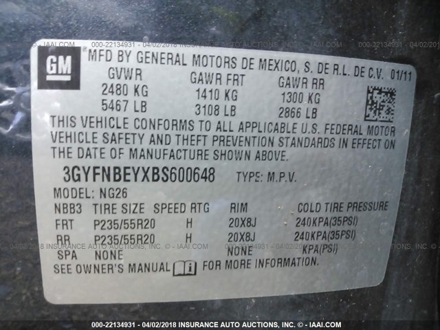 3GYFNBEYXBS600648 - 2011 CADILLAC SRX PERFORMANCE COLLECTION Сұр фото 9