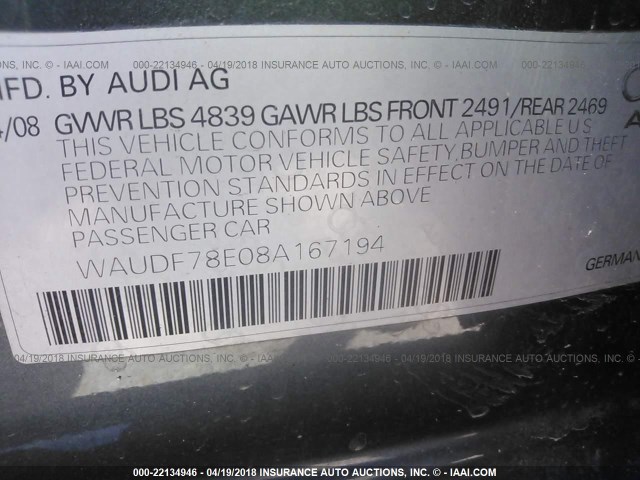 WAUDF78E08A167194 - 2008 AUDI A4 2.0T QUATTRO GRAY photo 9