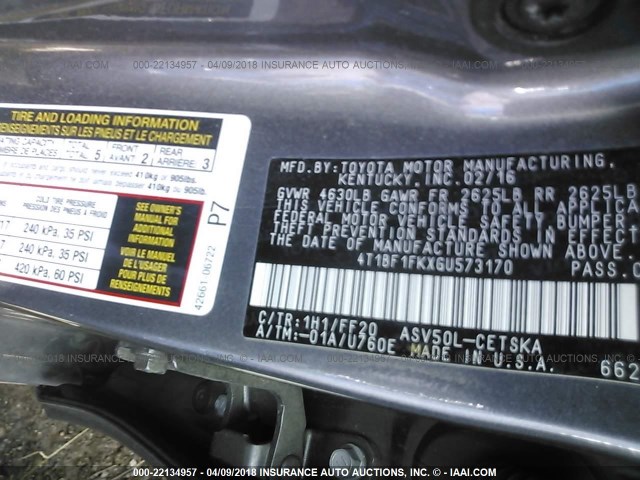 4T1BF1FKXGU573170 - 2016 TOYOTA CAMRY LE/XLE/SE/XSE Gris photo 9