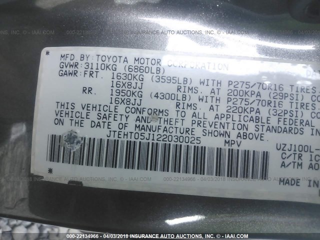 JTEHT05J122030025 - 2002 TOYOTA LAND CRUISER  GRAY photo 9