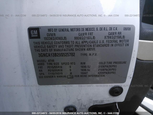 3GNCA13B29S525782 - 2009 CHEVROLET HHR LS WHITE photo 9