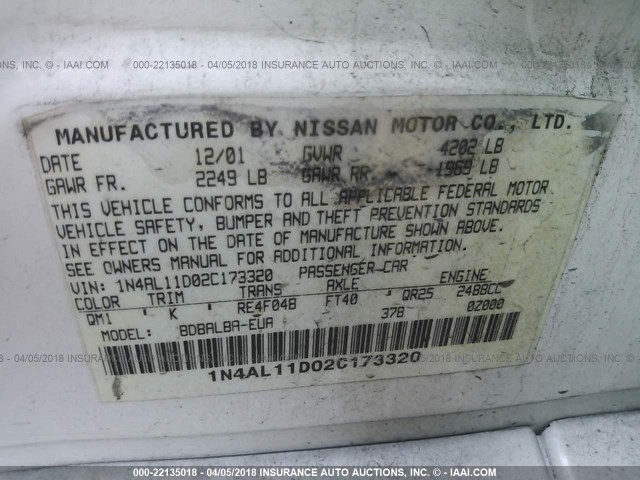 1N4AL11D02C173320 - 2002 NISSAN ALTIMA S/SL WHITE photo 9