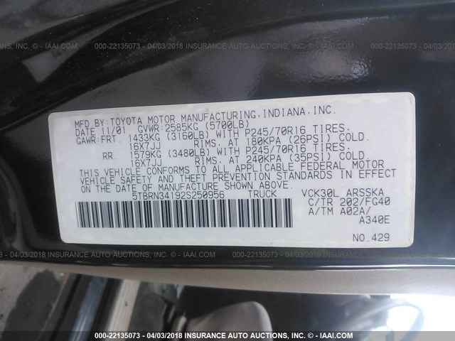 5TBRN34192S250956 - 2002 TOYOTA TUNDRA ACCESS CAB SR5 BLACK photo 9