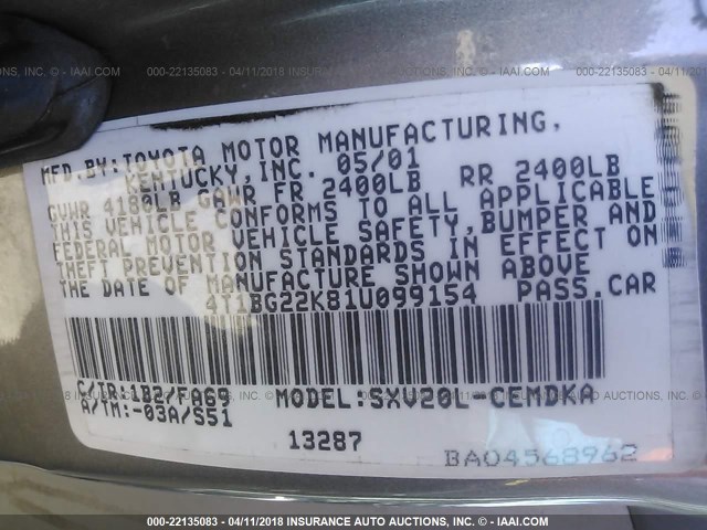 4T1BG22K81U099154 - 2001 TOYOTA CAMRY CE/LE/XLE GRAY photo 9