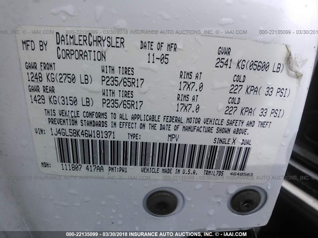 1J4GL58K46W181371 - 2006 JEEP LIBERTY LIMITED WHITE photo 9