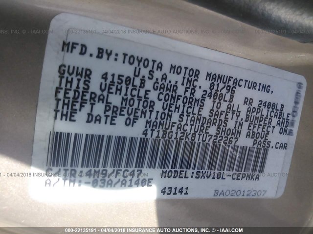 4T1BG12K8TU722267 - 1996 TOYOTA CAMRY DX/LE/XLE შამპანური ფოტო 9