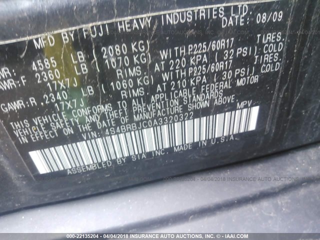 4S4BRBJC0A3320322 - 2010 SUBARU OUTBACK 2.5I LIMITED GRAY photo 9