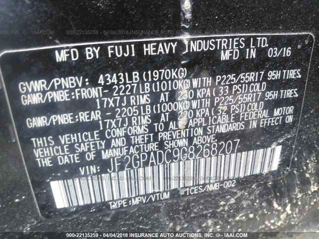 JF2GPADC9G8268207 - 2016 SUBARU CROSSTREK PREMIUM Boz foto 9