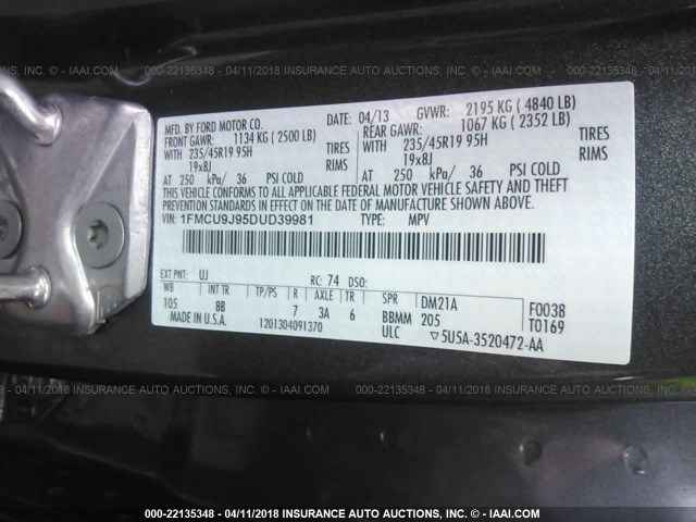 1FMCU9J95DUD39981 - 2013 FORD ESCAPE TITANIUM GRAY photo 9