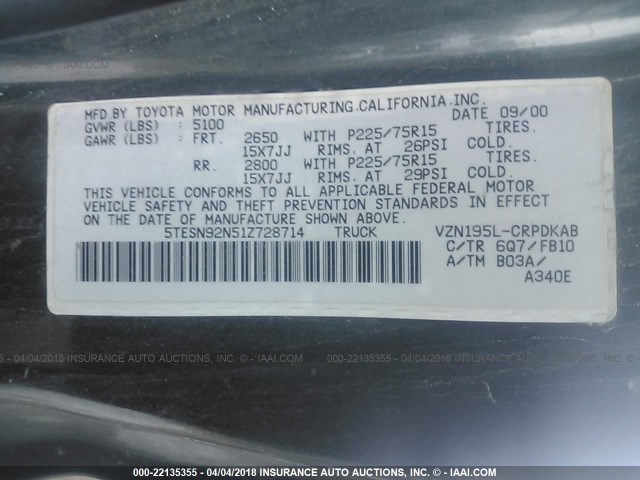 5TESN92N51Z728714 - 2001 TOYOTA TACOMA XTRACAB PRERUNNER 绿色 照片 9