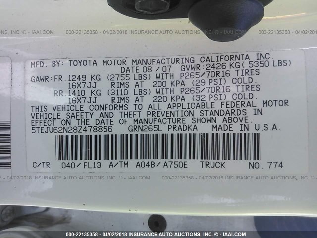 5TEJU62N28Z478856 - 2008 TOYOTA TACOMA DOUBLE CAB PRERUNNER WHITE photo 9