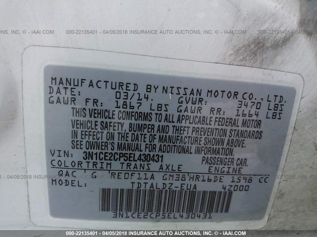 3N1CE2CP5EL430431 - 2014 NISSAN VERSA NOTE S/S PLUS/SV/SL WHITE photo 9