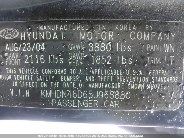 KMHDN46D65U968880 - 2005 HYUNDAI ELANTRA GLS/GT BLUE photo 9